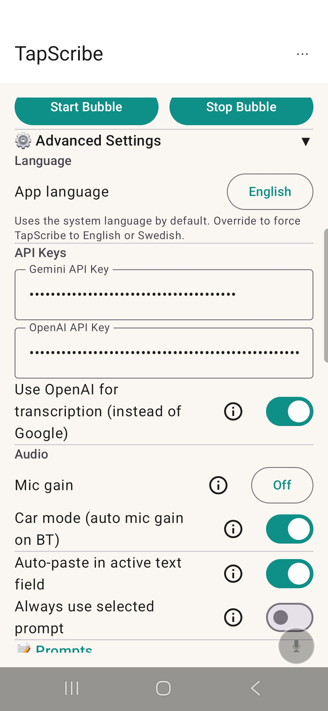TapScribe inställningssida med API-nycklar, språk och funktioner