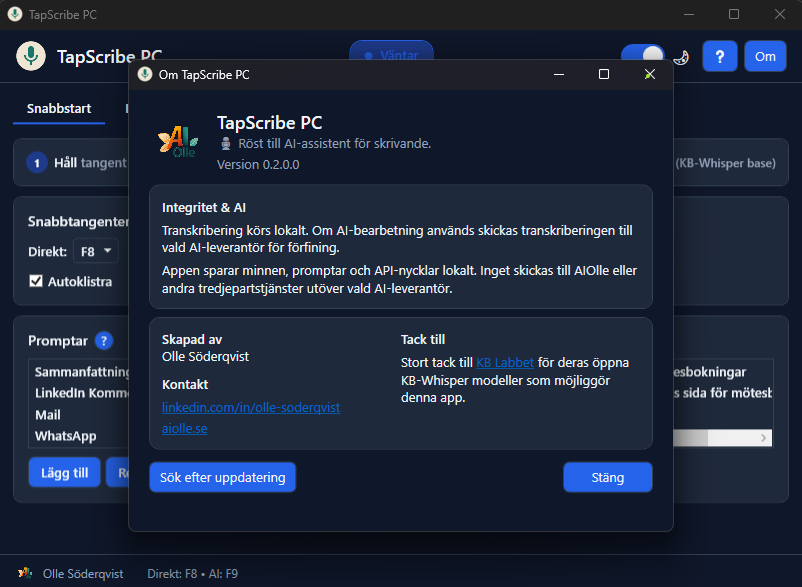 Om TapScribe PC & Integritet