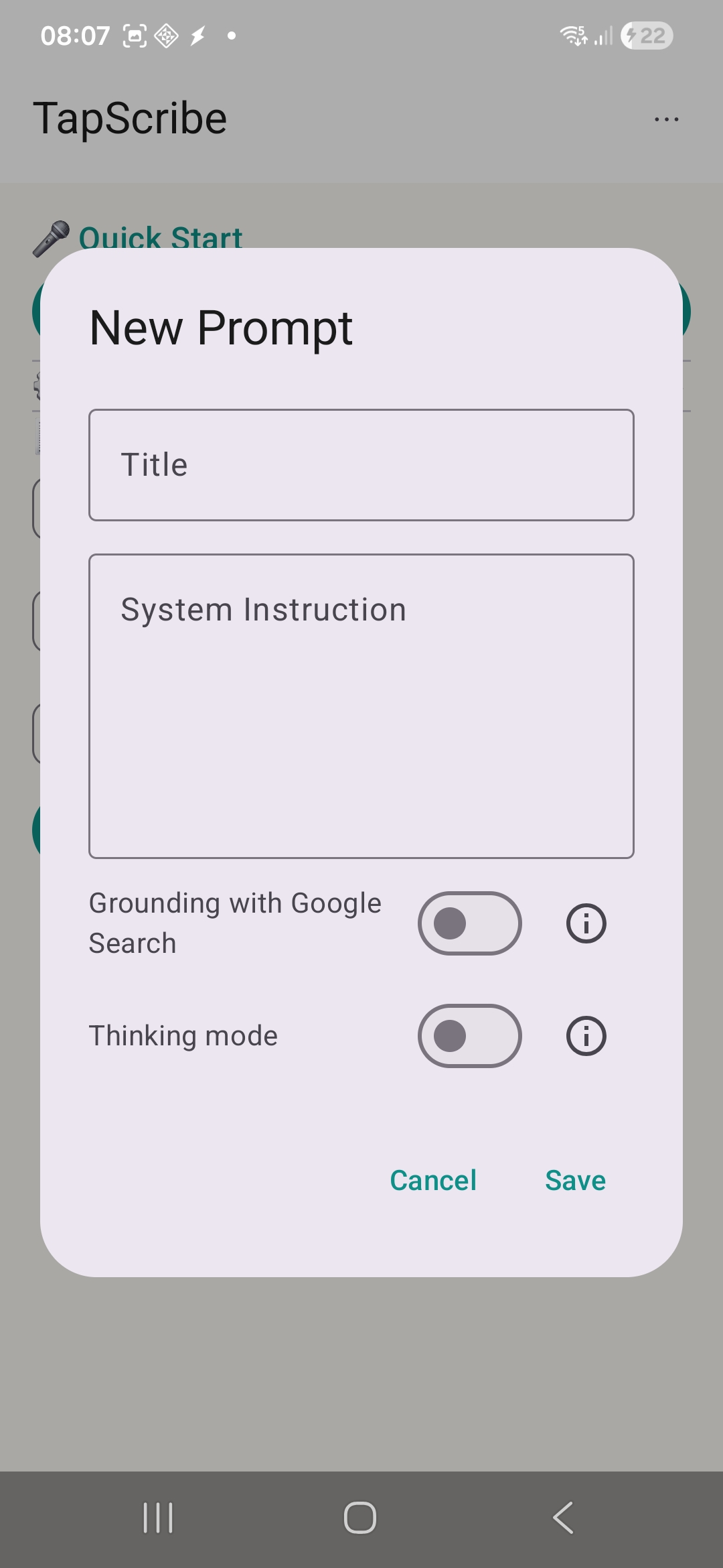 TapScribe prompt-redigerare för att skapa anpassade AI-kommandon
